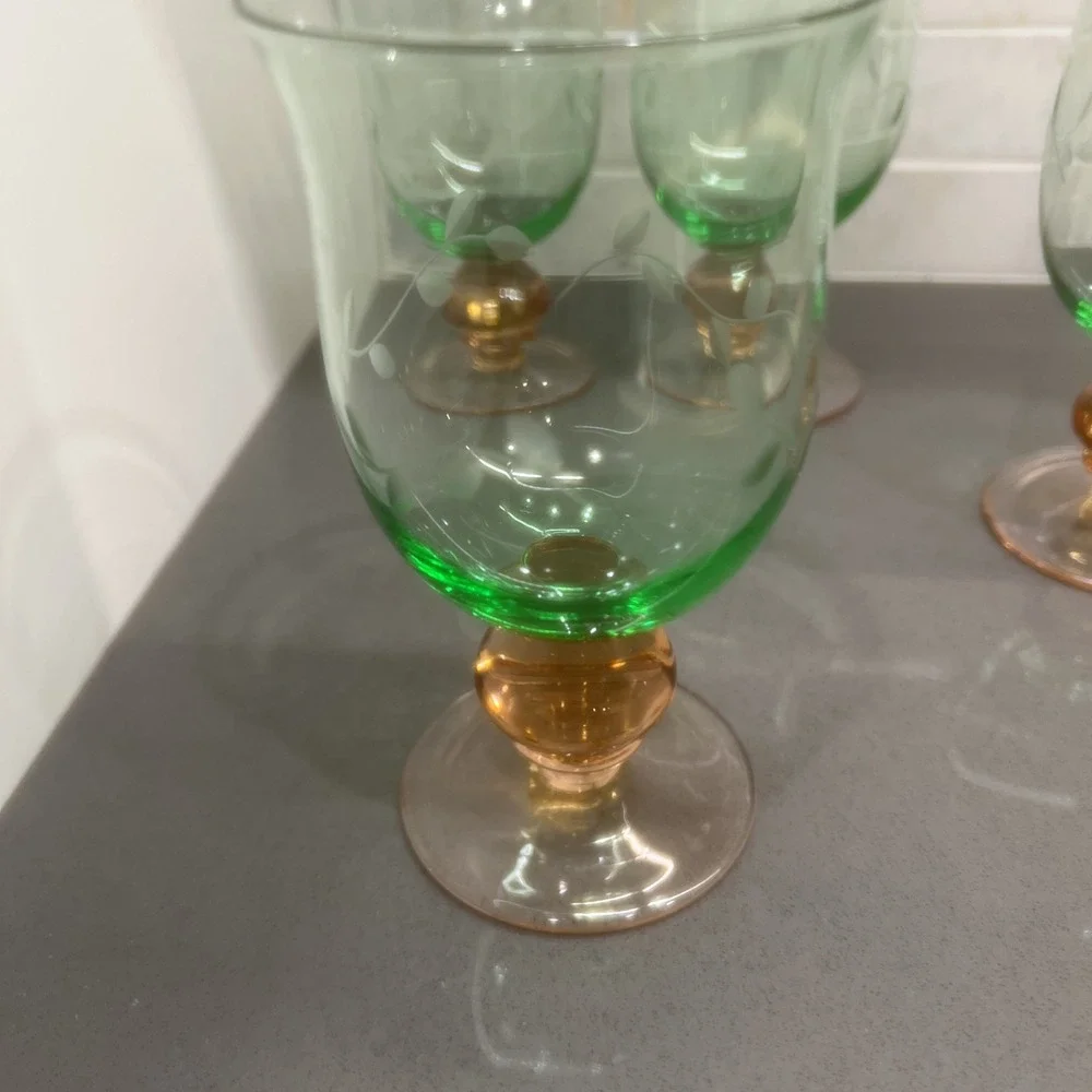 4 Vintage Pfaltzgraff Napoli Watermelon Pnk Stem Iced Tea Goblets Glasses Etched